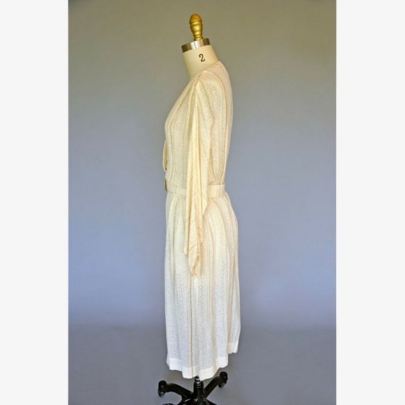 Vtg 70s Ivory Metallic Gold Weave Belted Dress 12P - Picture 4 of 6